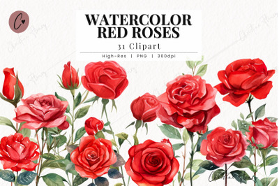 Watercolor Red Roses Clipart