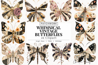 Vintage Patchwork Butterflies Clipart