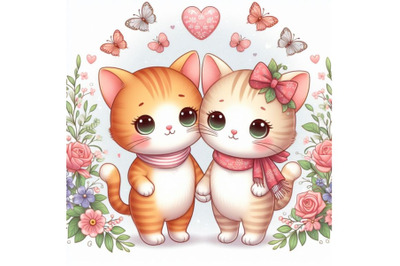 8 Cute couple cat with flora      set