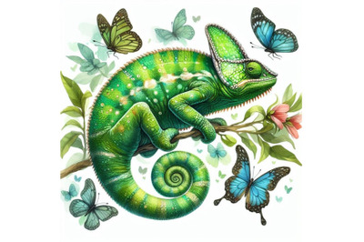 8 Watercolor green chameleon with bundle