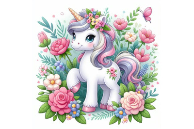 8 Cute Cartoon Unicorn with flowe bundle