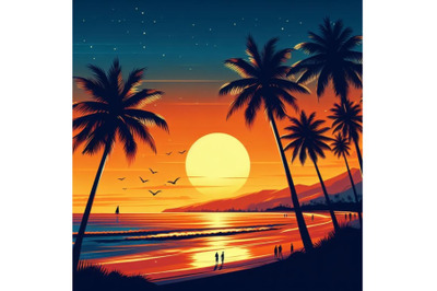 8 Sunset on the beach. Silhouette bundle
