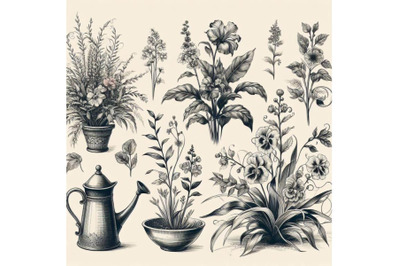 8 Botanical floral sketch, garden bundle