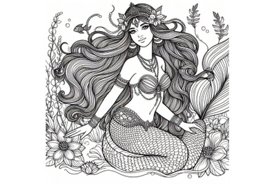 8 Line art&2C; beautiful mermaid gir bundle