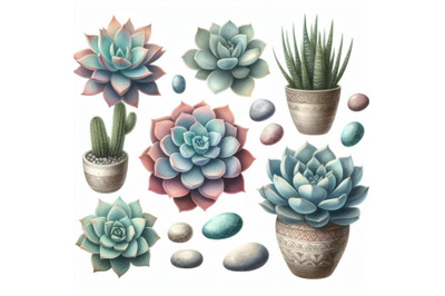 8 Watercolor succulents stones on bundle