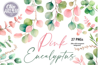 Eucalyptus Watercolor Greenery  Clip Art Pink Sage 27 PNG Images Set