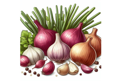 8 Onion and garlic. Illustration  bundle