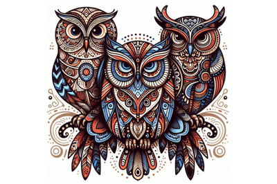 8 Decorative owls. Tribal decoration of