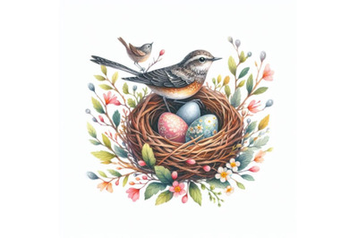8 watercolor art bird nest with eggs