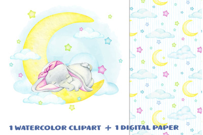 Baby elephant watercolor clipart, digital paper JPG, &nbsp;girl wall art. n