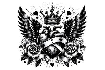 black and white tattoo heart with wings&2C;