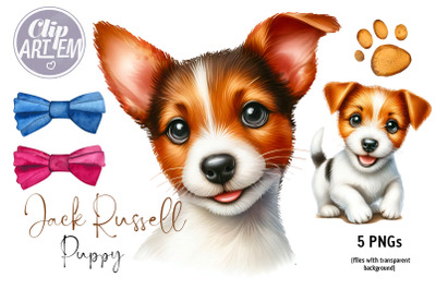 Jack Russell Puppy Pink Blue Bow 5 PNG Watercolor Clip Art Images Set