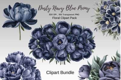 Dusty Navy Blue Flowers Clipart Bundle