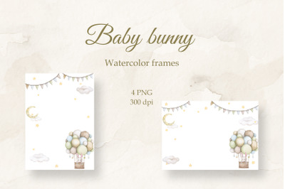 Cute bunny. Frame for baby. Watercolor PNG.