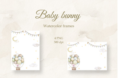 Cute bunny. Frame for baby girl. Watercolor PNG.