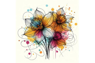 4 Abstract line art of daffodil flower with color splats