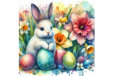 4 watercolor Abstract bunny, eggs, blooming narcissus flower. Colorful