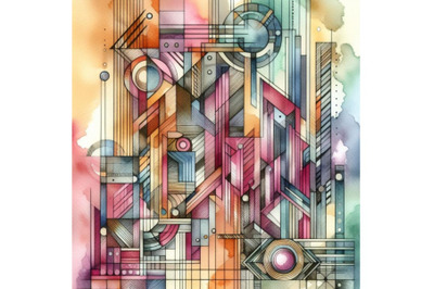 4 watercolor Abstract Illustration With Art Deco Geometric Shapes.  Co