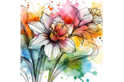 4 watercolor Abstract line art of daffodil flower with color splats.