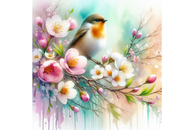 4 watercolor acrylic painting of bird and spring flower.  Colorful bac