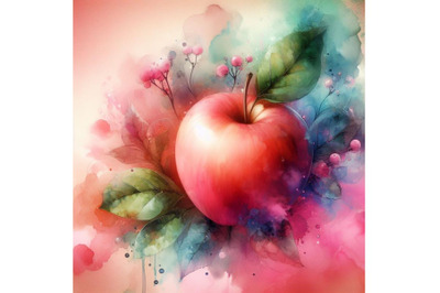 4 watercolor Apple , pink background 3D  Colorful background