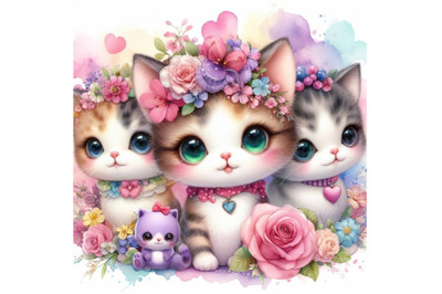 4 watercolor baby animal cute cat watercolor Colorful background