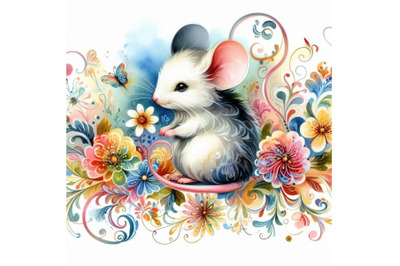 4 watercolor beautiful decorative mouse abstract floral White backgrou