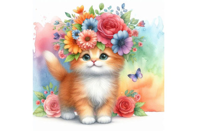 4 a cute orange cat with flowers on his head. standingColorful backgro