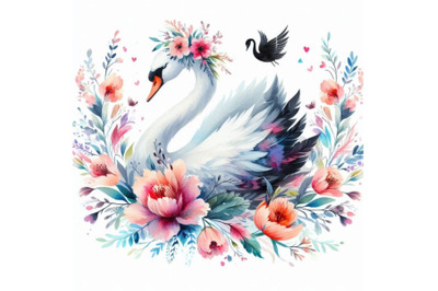 4 watercolor beautiful swan silhouette with flowers, flat illustration