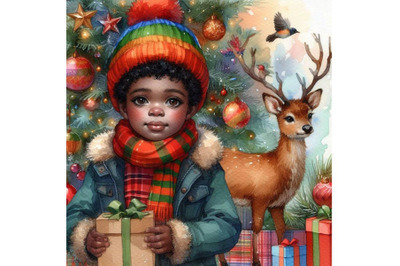 4 watercolor Boy with deer, Christmas watercolor Colorful background