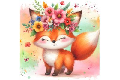 4 a cute orange fox with flowers on his head. standingColorful backgro