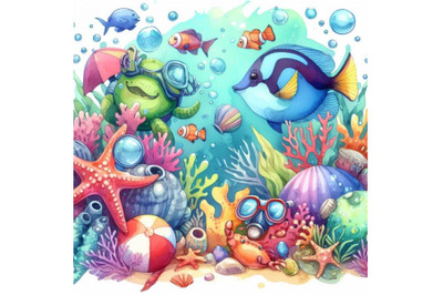 4 watercolor cartoon graphic summer time underwater  Colorful backgrou