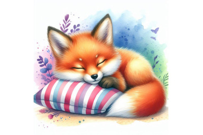 4 a cute sleeping red fox cub with a pillow Colorful background