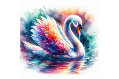 4 Abstract swan art. Iridescent plumage bird in a pond Colorful backgr