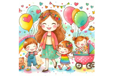 4 appy cute kids and mom Colorful background