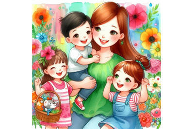 4 appy cute kids and momColorful background