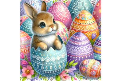 4 aster bunny came out from decorated egg Colorful background