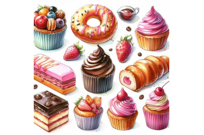 4 bakery delights watercolor element Colorful background