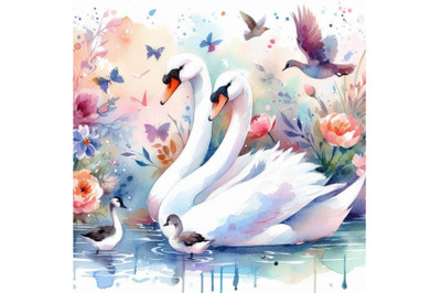 4 Beautiful image with nice watercolor hand drawn swans Colorful backg