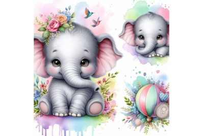 4 watercolor Cute Baby Elephant Animals Sublimation Colorful backgroun