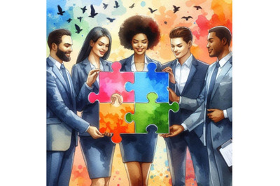 4 Business People Holding the big jigsaw puzzle pieceColorful backgrou