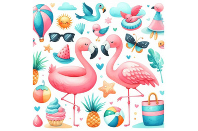 4 Cartoon Flat Cute Flamingo Birds Summer Art Print Colorful backgroun