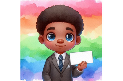 4 Cartoon kid holding a blank business card Colorful background