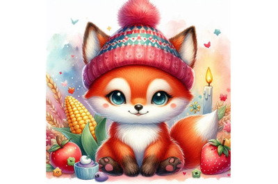 4 Cute fox cartoon with red hatColorful background