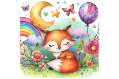 4 Cute watercolor cartoon fox Colorful background