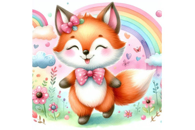 4 Cute watercolor cartoon foxColorful background