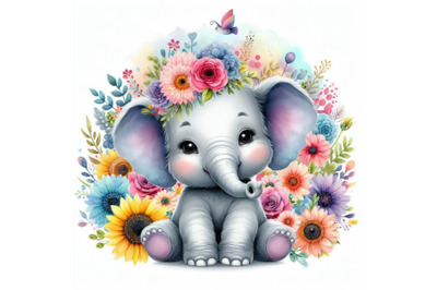 4 watercolor Cute Baby Elephant Animals Sublimation Colorful backgroun