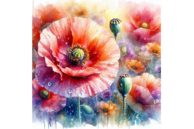 4 digital art of a beautiful poppy flower with waterdrops Colorful bac