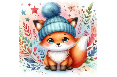 4 Hand drawn cute little fox in blue hat cartoon styleColorful backgro