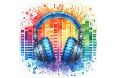 4 Headphones icon with sound wave beatsColorful background